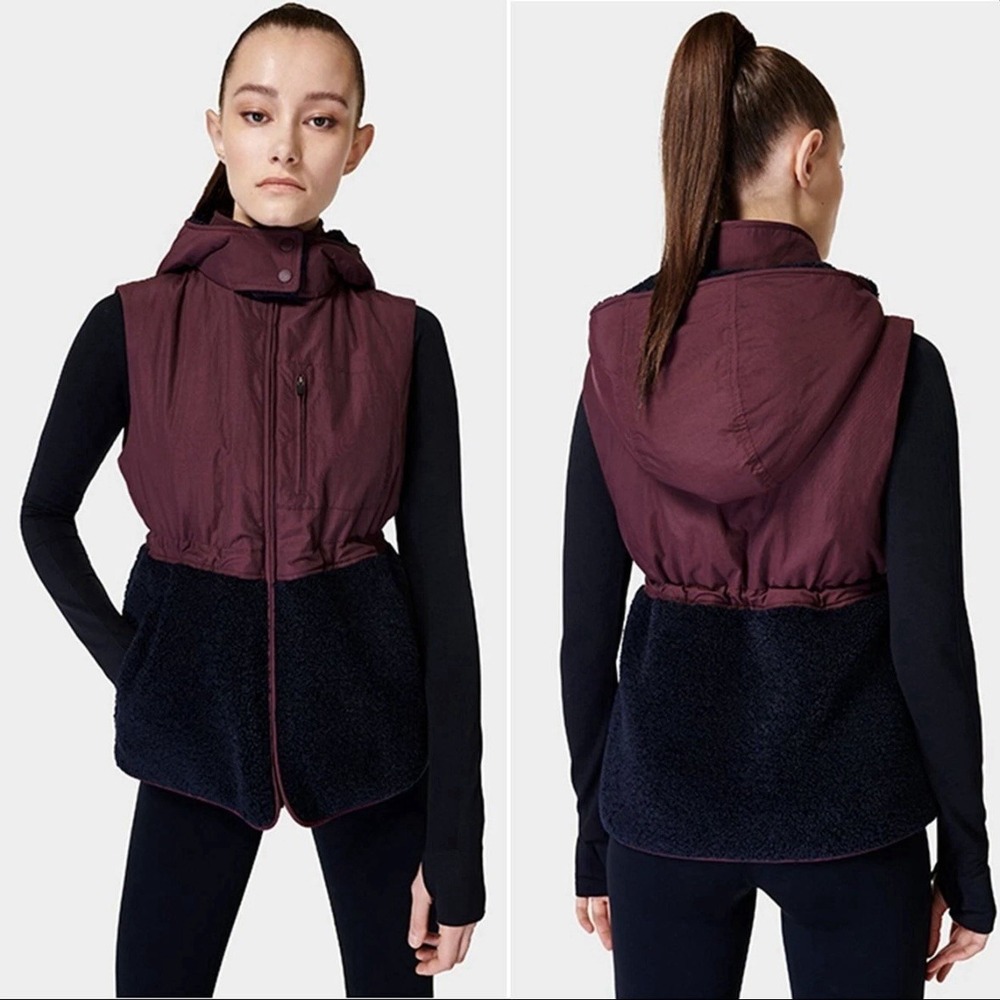 Sweaty Betty Hooded Vest Women M 8 Burgundy Sherpa Fleece Mixed Media Outdoor